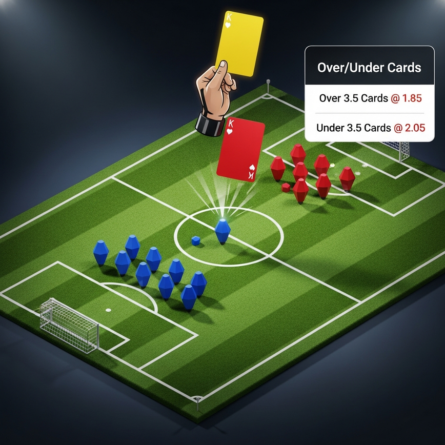 形象化展示德比战中常见的‘罚牌数盘口’投注策略和战术谨慎性，将比赛元素与投注界面组件相结合。