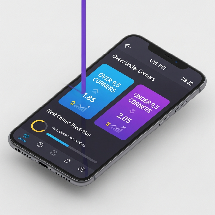 描绘了移动设备上的滚球角球投注界面，结合了代表资金管理的抽象元素，适用于新手的策略。