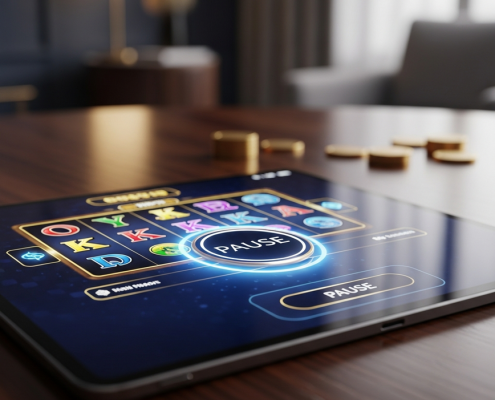 A digital screen showing an online casino game with a prominent, glowing 'PAUSE' button overlaid, symbolizing the importance of taking breaks from betting for responsible gaming.