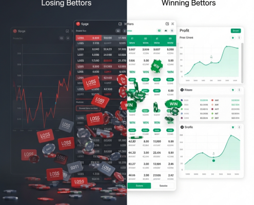 A split-screen sports betting interface visually contrasting chaotic, high-risk betting (losing) with disciplined, strategic betting (winning) on a premium online platform.