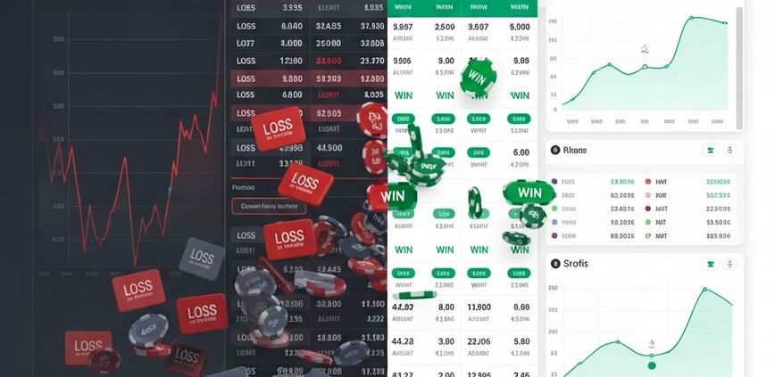 A split-screen sports betting interface visually contrasting chaotic, high-risk betting (losing) with disciplined, strategic betting (winning) on a premium online platform.