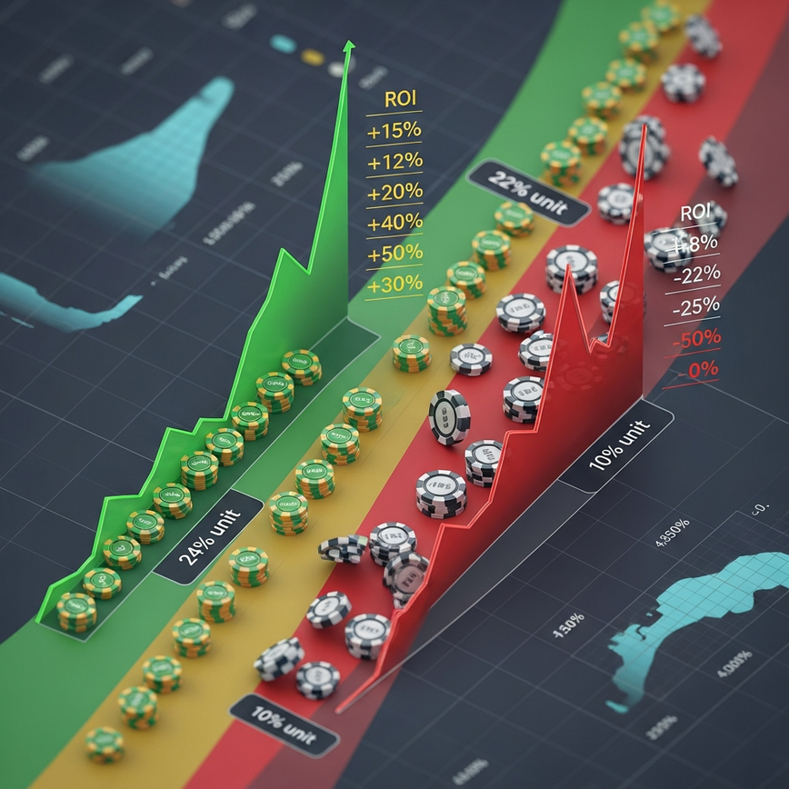 Illustrates the concept of disciplined bankroll management versus reckless betting, showing how small, consistent bets lead to long-term gains despite identical win rates.