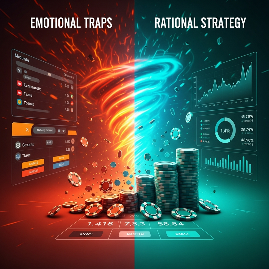 Visually represents the negative impact of emotional betting and chasing losses, contrasting it with a calm, rational approach.