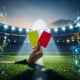 Dynamic image showing a referee's hand holding yellow and red cards over a football pitch, with abstract digital betting interfaces and data overlays, representing strategic card betting.
