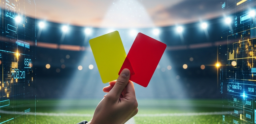 Dynamic image showing a referee's hand holding yellow and red cards over a football pitch, with abstract digital betting interfaces and data overlays, representing strategic card betting.