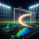 Vibrant, cinematic digital sports betting interface showing abstract football player data and odds, with a blurred, floodlit football stadium and a shimmering goal net in the background, representing goal scorer markets.