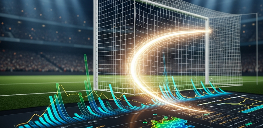 Vibrant, cinematic digital sports betting interface showing abstract football player data and odds, with a blurred, floodlit football stadium and a shimmering goal net in the background, representing goal scorer markets.