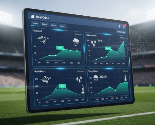 Dynamic sports betting interface showing real-time odds and integrated weather forecasts over a blurred, rain-affected football stadium, symbolizing strategic weather-impacted betting.