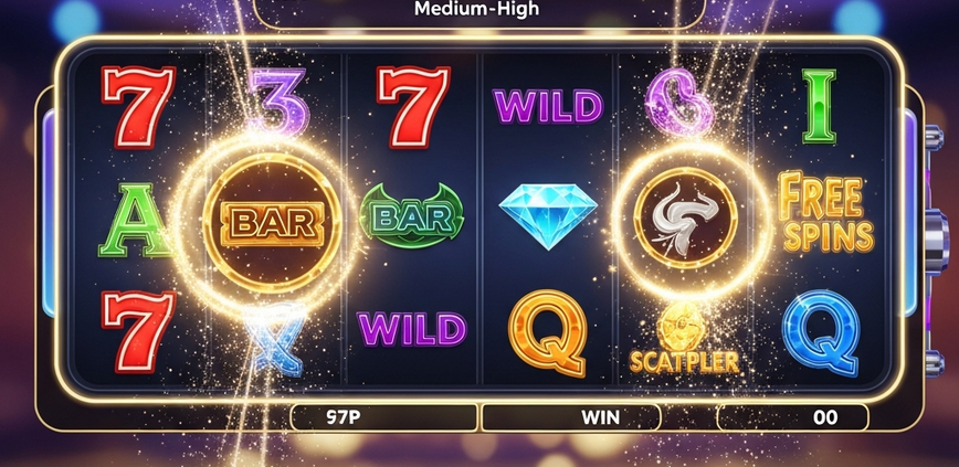 A vibrant, hyper-realistic online slot machine interface with spinning reels showing winning symbols, high RTP display, and bonus feature effects in a luxurious digital casino setting.
