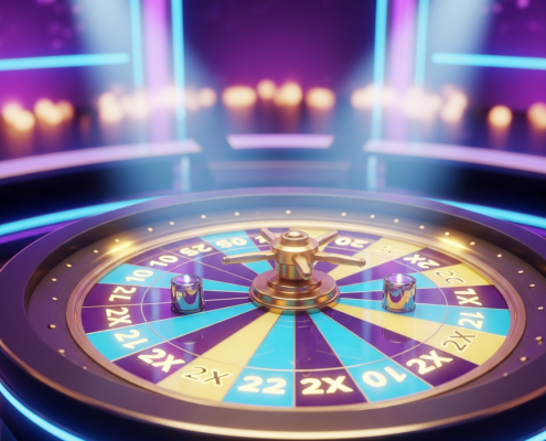 Vibrant, futuristic live casino game show wheel spinning in a neon-lit studio, representing the excitement and premium nature of online game shows.
