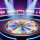 Vibrant, futuristic live casino game show wheel spinning in a neon-lit studio, representing the excitement and premium nature of online game shows.