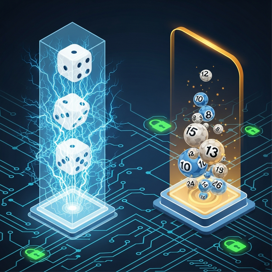 描绘了不同真人娱乐场游戏秀的多样性和安全性，结合了彩票类游戏和骰子游戏的元素以及公平游戏的标志。