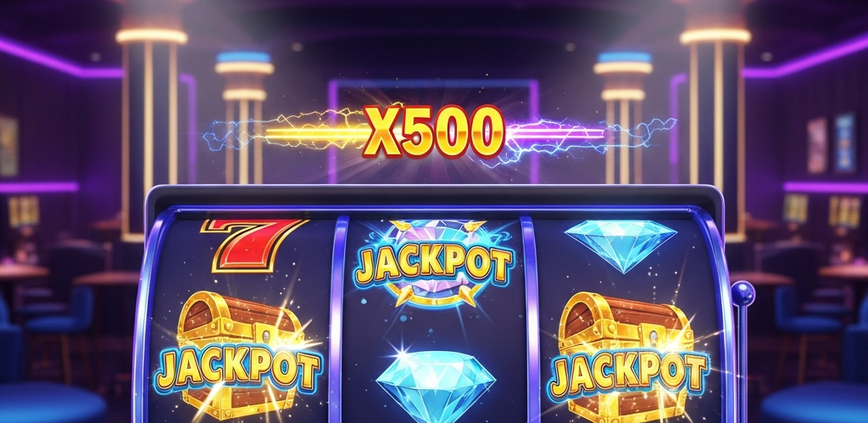 Hyper-realistic online slot machine interface showing high-volatility reels with winning symbols, a large multiplier, and vibrant jackpot effects, set in a luxurious online casino.