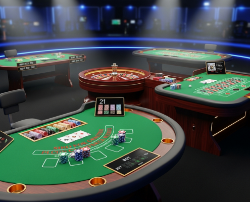 Overview of a sophisticated live online casino studio with multiple game tables like blackjack, roulette, and baccarat, symbolizing choice and a premium gaming experience for players.