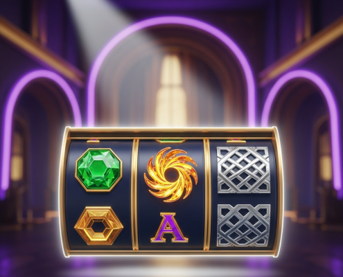 A vibrant, hyper-realistic online slot machine interface with unique, luxurious symbols spinning on a premium digital casino platform, highlighting exclusivity and high winning potential.