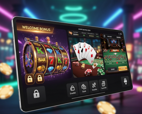 A dynamic, high-resolution visual of a modern Malaysian online casino interface, seamlessly blending slot machine reels with winning symbols, a live dealer game table, and sports betting odds, accented by secure payment icons and a prominent bonus offer, all set against a luxurious, high-tech backdrop.