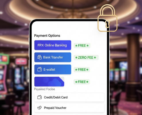 Sleek online casino payment interface showing zero-fee deposit options like FPX and Bank Transfer, with a secure padlock icon, set against a blurred luxurious casino lobby background, emphasizing transparency and security for Malaysian players.