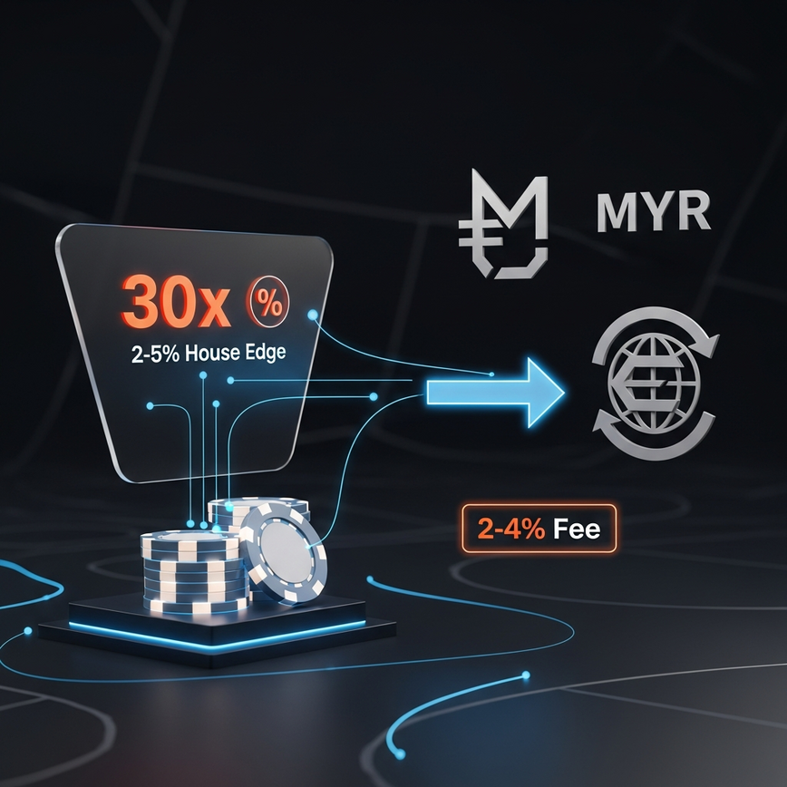 Visualizes the concept of 'hidden costs' like wagering requirements and currency conversion fees, presenting them in an understandable, infographic-like manner to help players grasp budget management.