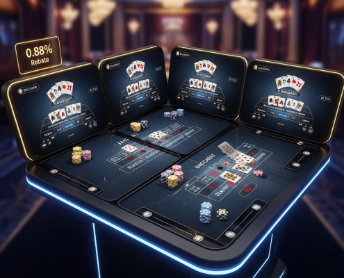 Sleek, futuristic multi-screen online casino interface showing four live baccarat tables simultaneously, with virtual chips, cards, and a prominent '0.88% Rebate' indicator, set against a luxurious, blurred casino studio background.