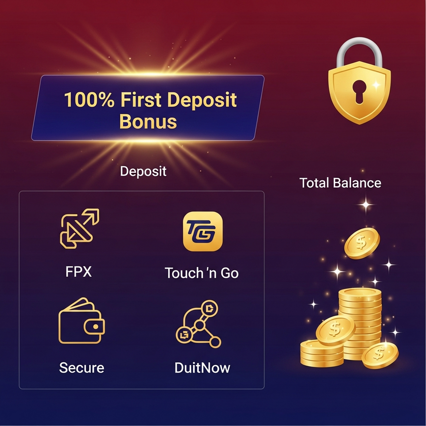 Highlights secure deposit methods for Malaysian players and the first deposit bonus structure, encouraging the transition to real-money play.