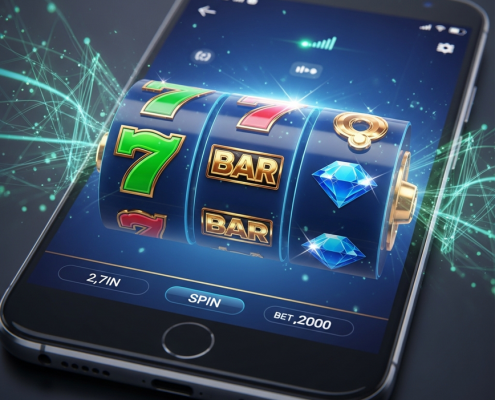 Hyper-realistic smartphone displaying a vibrant, lag-free online casino slot game interface with winning symbols, symbolizing a stable and premium mobile gaming experience.