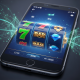 Hyper-realistic smartphone displaying a vibrant, lag-free online casino slot game interface with winning symbols, symbolizing a stable and premium mobile gaming experience.