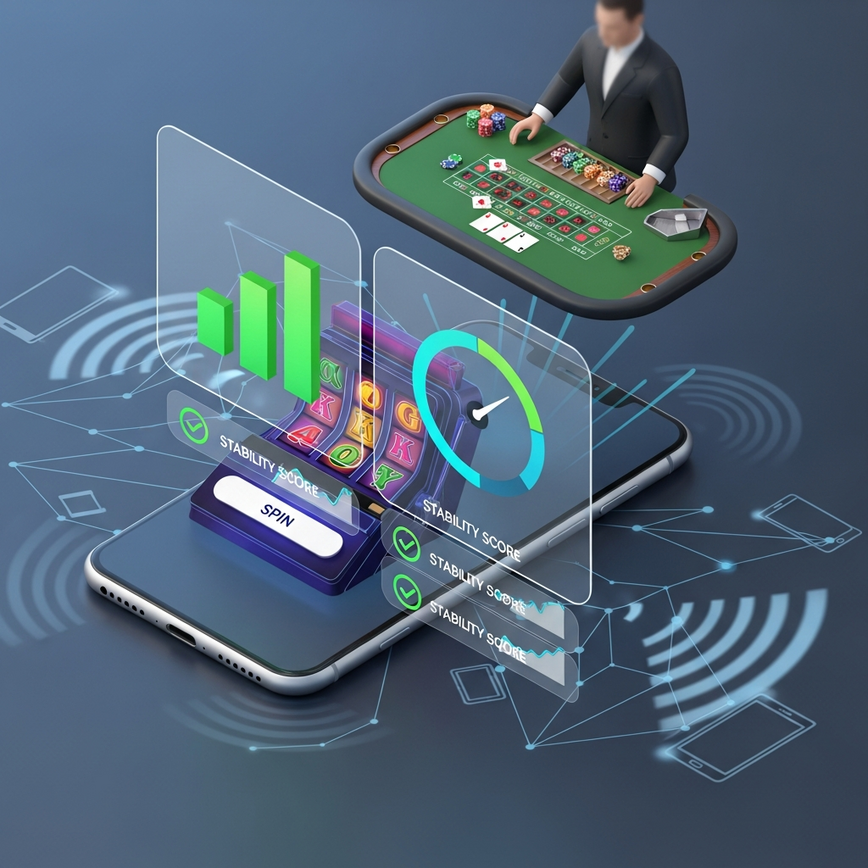 Illustrates the rigorous stability testing methodology and device compatibility of a mobile casino app, emphasizing data-driven reliability.