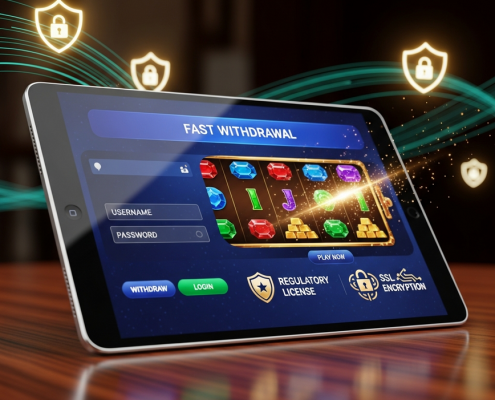 A premium online casino interface on a tablet, displaying a 'fast withdrawal' notification, secure login, and a vibrant slot game preview, symbolizing trust, efficiency, and security in Malaysian online gambling.
