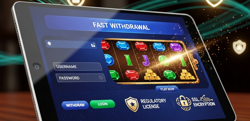 A premium online casino interface on a tablet, displaying a 'fast withdrawal' notification, secure login, and a vibrant slot game preview, symbolizing trust, efficiency, and security in Malaysian online gambling.