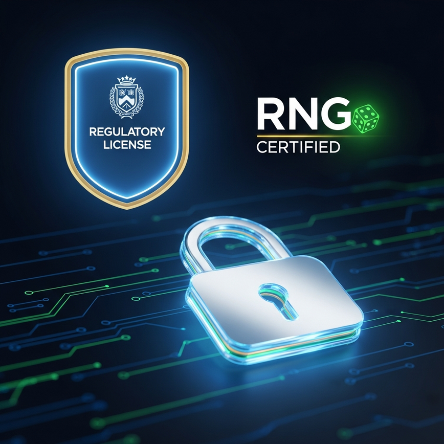 Illustrates the core trust signals discussed in the article, specifically regulatory licensing, RNG certification, and robust security infrastructure, ensuring fair play and player protection.