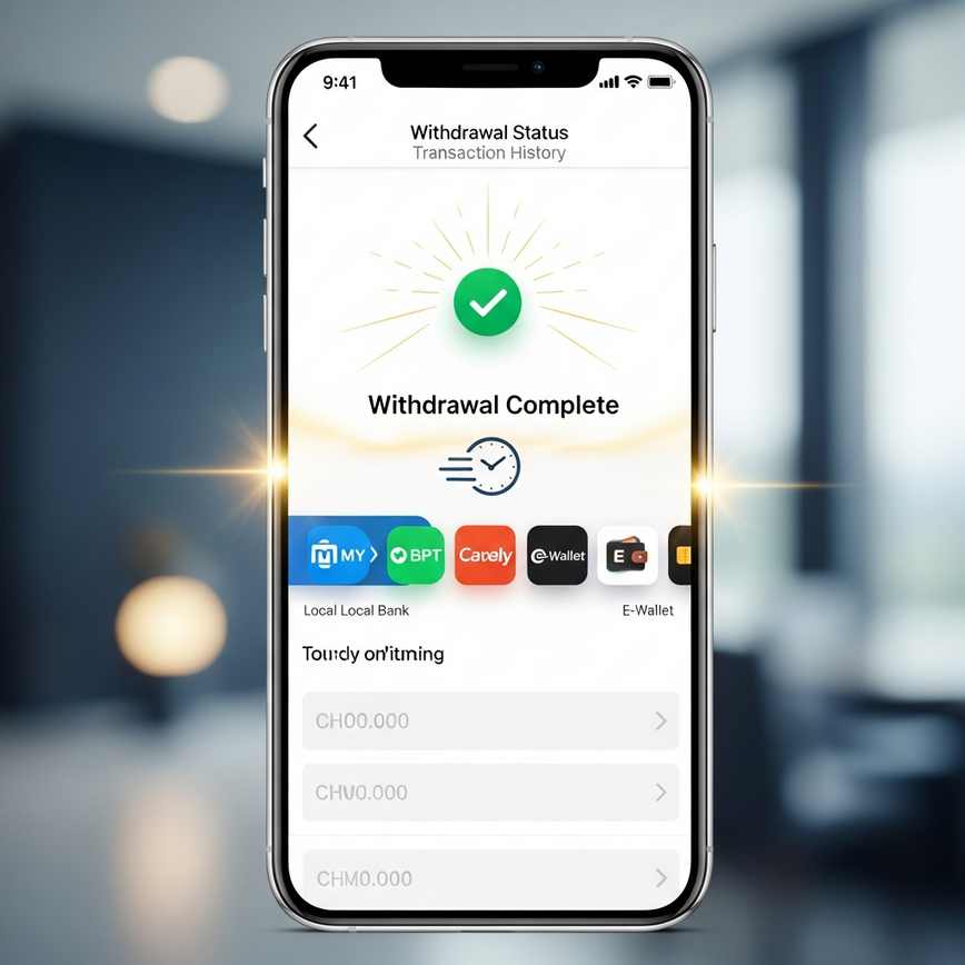 Visualizes the speed and reliability of payout processes, focusing on direct local banking integration and mobile e-wallet options for Malaysian players.
