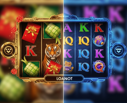 Split-screen mobile casino interface comparing a culturally themed Malaysian local slot with festive symbols and an international slot featuring advanced mechanics and a progressive jackpot display.