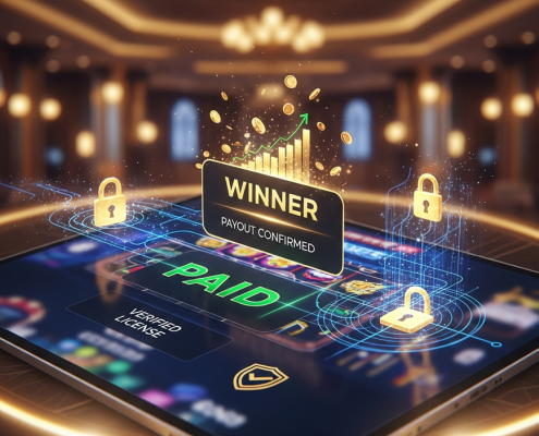 Sleek online casino interface on a digital screen, displaying a successful payout confirmation, surrounded by abstract security symbols and a golden padlock icon, set in a luxurious, secure digital environment, representing trust and reliability for Malaysian players.