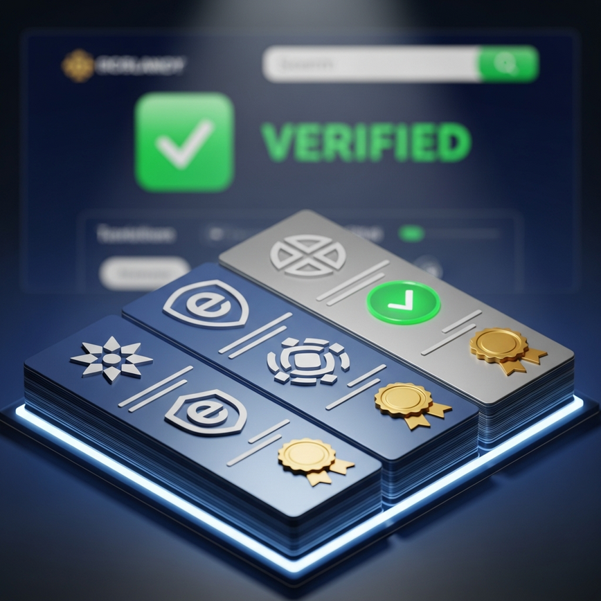 Illustrates the importance of licensing and third-party audit certifications for online casinos, showing official documents and verification symbols.