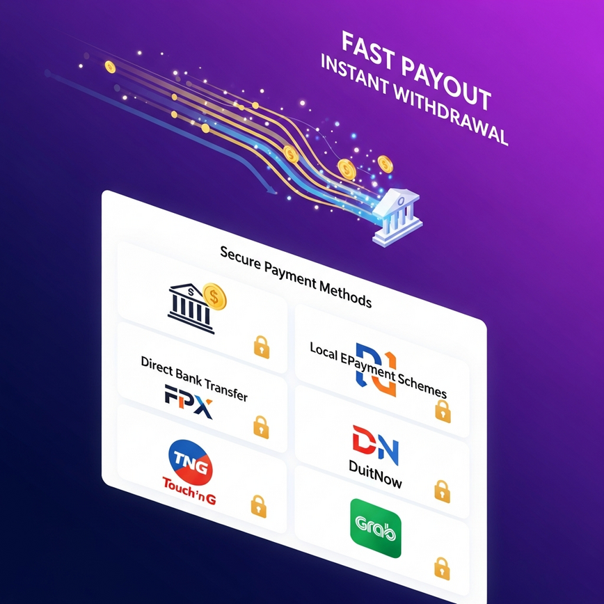 Depicts secure and diverse payment methods, emphasizing fast withdrawals and established financial partnerships relevant to Malaysian players.