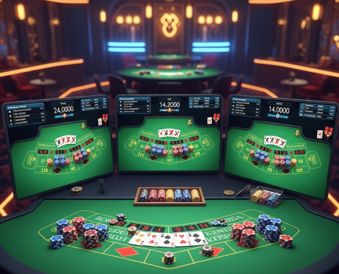 A wide, high-definition view of three baccarat game interfaces displayed side-by-side on a large screen, showing playing cards, casino chips, and digital scoreboards in a luxurious online live casino setting, representing multi-table baccarat strategy.