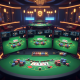 A wide, high-definition view of three baccarat game interfaces displayed side-by-side on a large screen, showing playing cards, casino chips, and digital scoreboards in a luxurious online live casino setting, representing multi-table baccarat strategy.