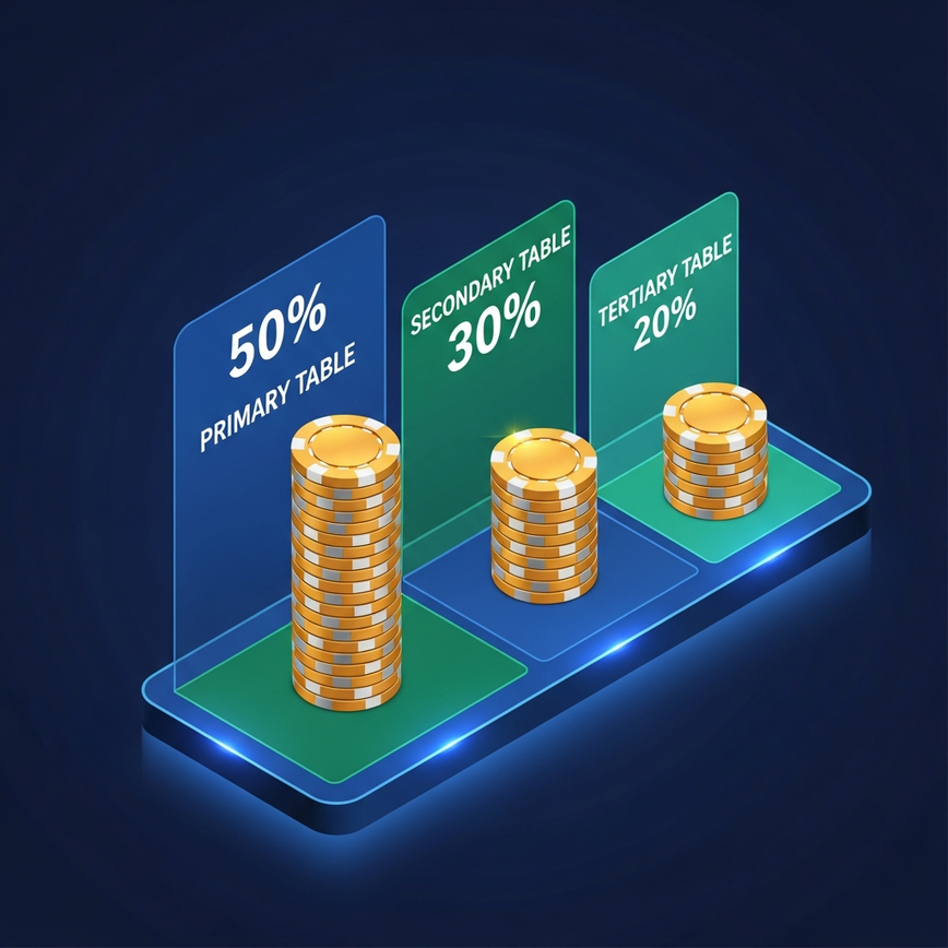 Illustrates the concept of bankroll management and the recommended allocation of funds across primary, secondary, and tertiary baccarat tables.