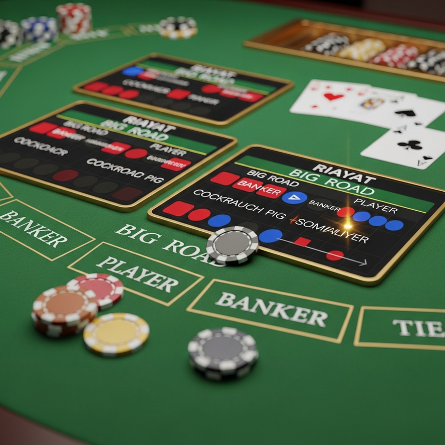 Visualizes the importance of quick decision-making and pattern recognition by highlighting baccarat scoreboards and betting opportunities.