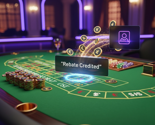 Premium live baccarat online casino interface with a digital notification showing 'Rebate Credited,' symbolizing loyalty rewards and cash back from a rebate program.