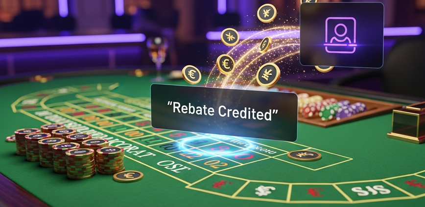 Premium live baccarat online casino interface with a digital notification showing 'Rebate Credited,' symbolizing loyalty rewards and cash back from a rebate program.