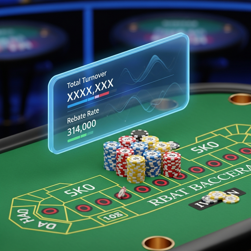 Illustrates how live casino rebate calculations work, showing key metrics like total turnover and rebate percentage on a game interface.