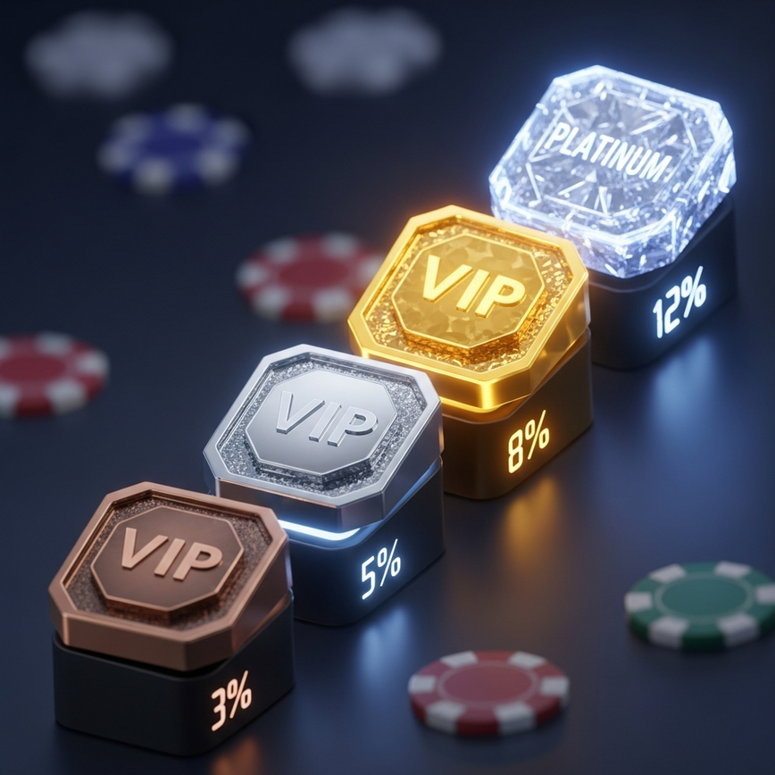 Visualizes the concept of VIP tier progression and how it leads to higher rebate percentages, with a focus on high-rate games like baccarat.
