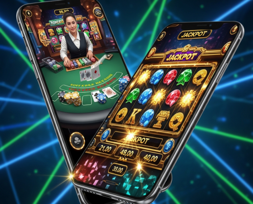 Sleek smartphone displaying a vibrant, fast-paced online casino game interface, with abstract glowing lines representing low latency network connectivity for a premium mobile gaming experience in Malaysia.