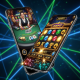 Sleek smartphone displaying a vibrant, fast-paced online casino game interface, with abstract glowing lines representing low latency network connectivity for a premium mobile gaming experience in Malaysia.