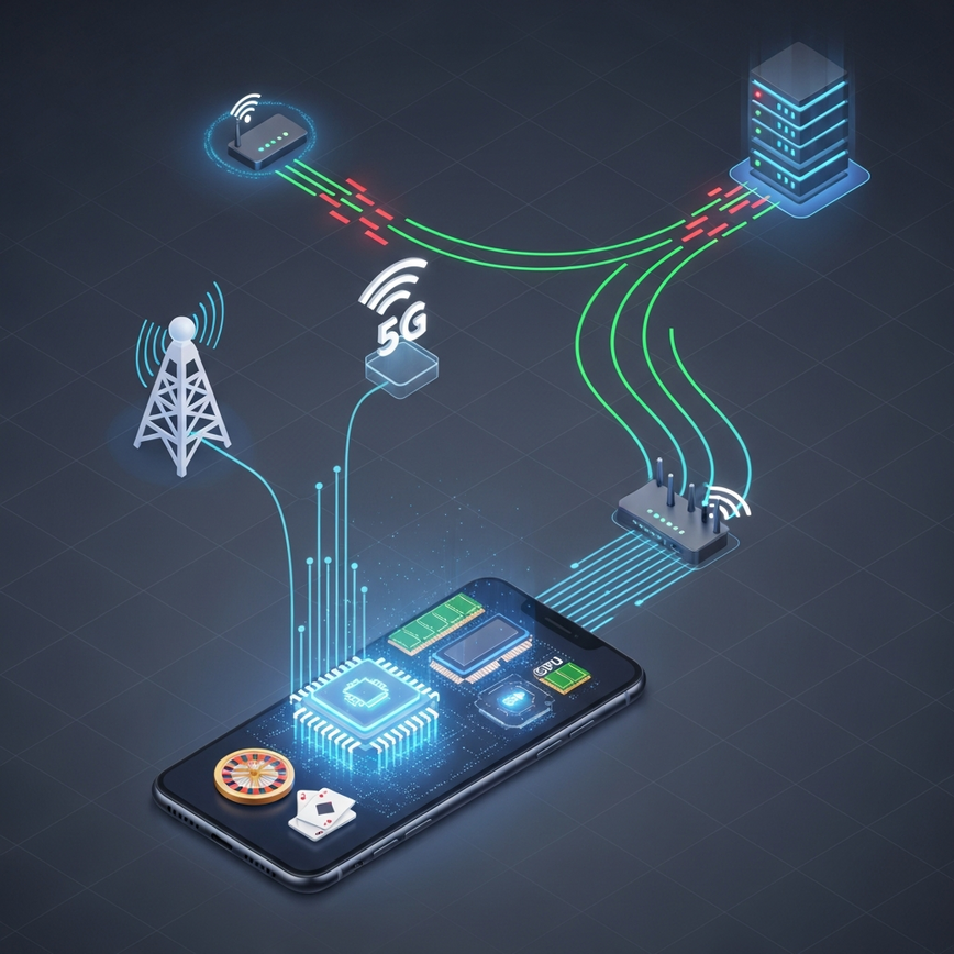 Illustrates the various technical sources of mobile casino latency, including network factors, device hardware limitations, and platform architecture.
