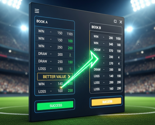 Digital interface showing a side-by-side comparison of football betting odds from two different sportsbooks, with a green arrow highlighting the better payout, set against a blurred football stadium backdrop, symbolizing strategic betting in Malaysia.