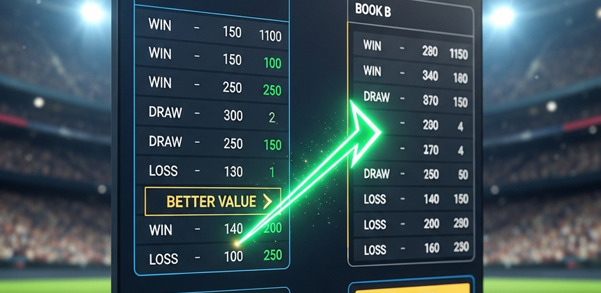 Digital interface showing a side-by-side comparison of football betting odds from two different sportsbooks, with a green arrow highlighting the better payout, set against a blurred football stadium backdrop, symbolizing strategic betting in Malaysia.