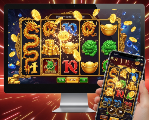Dynamic online slot machine interface showcasing vibrant Asian cultural symbols like dragons and golden ingots, with a mobile phone overlay demonstrating seamless mobile gaming, representing the preference of Malaysian players for Asian slot providers.
