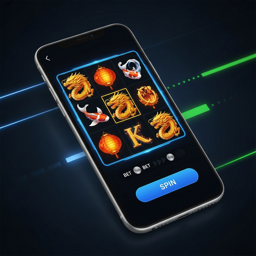 Highlights the critical importance of mobile optimization in the Malaysian market, showcasing a sleek smartphone running a fast, touch-optimized Asian-themed slot game.